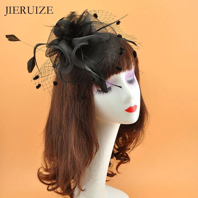 JIERUIZE-sombreros de plumas de Red para novia, gorros de boda de Red de jaula de pájaros, tocado nupcial, velos de cara, gorros de novia