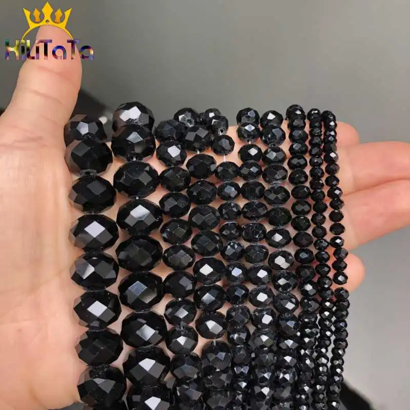 Faceted Black Glass Crystal Rondelle Beads Loose Spacer Beads For Jewelry Making DIY Bracelet Necklace Strands 4/6/8/10/12/14mm