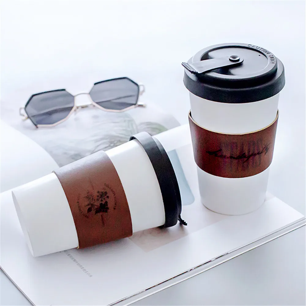 Ceramic Mug With Leather Cup Cover Letter Flower Pattern Milk Coffee Portable Cups Household Office Drinkware Creative  450ML