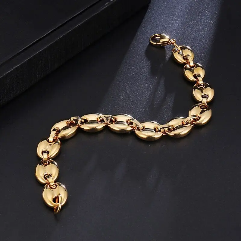 Wholesale Jewelry -- ( 21 cm x 11 mm ) 316L titanium steel Gold Color Coffee Bean\'s Bracelets Necklaces Jewelry For Men No Fade