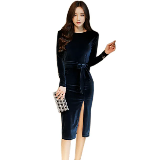 

New 2019 Spring Autumn Velvet Dress Women Long Sleeve High Split Sexy Evening Party Bodycon Dresses With Sashes Vestidos 1311