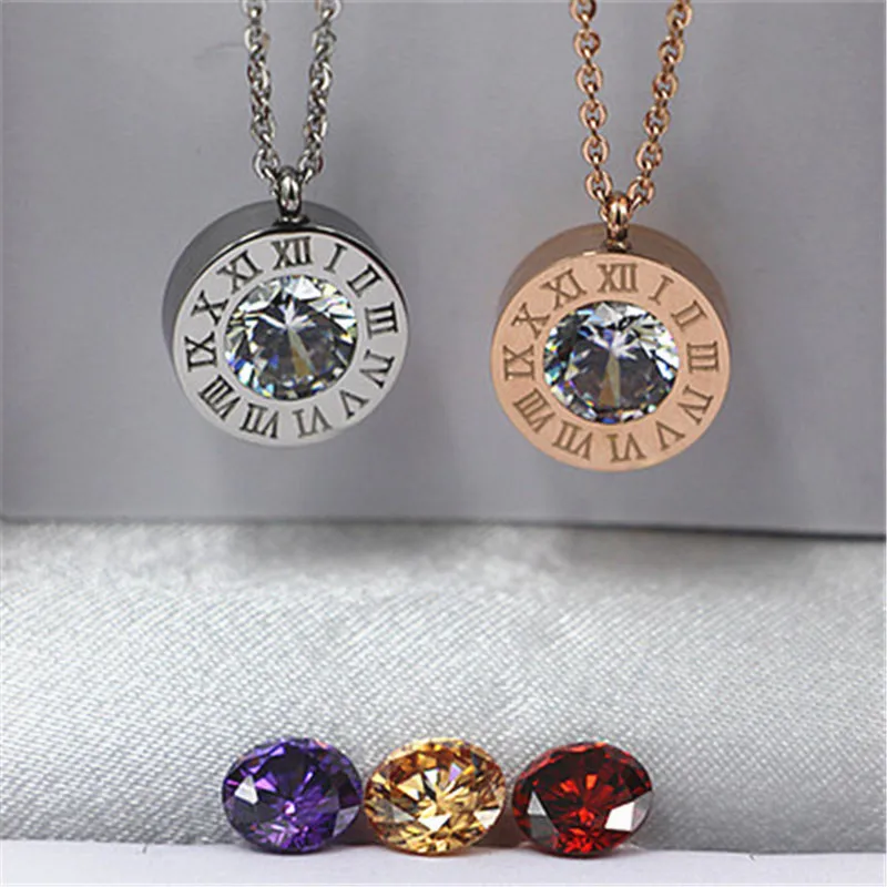 Stainless Steel 4 Color Crystals Stone Interchangeable Roman Numerals Pendant Necklace For Women Jewelry Couple necklaces K0036