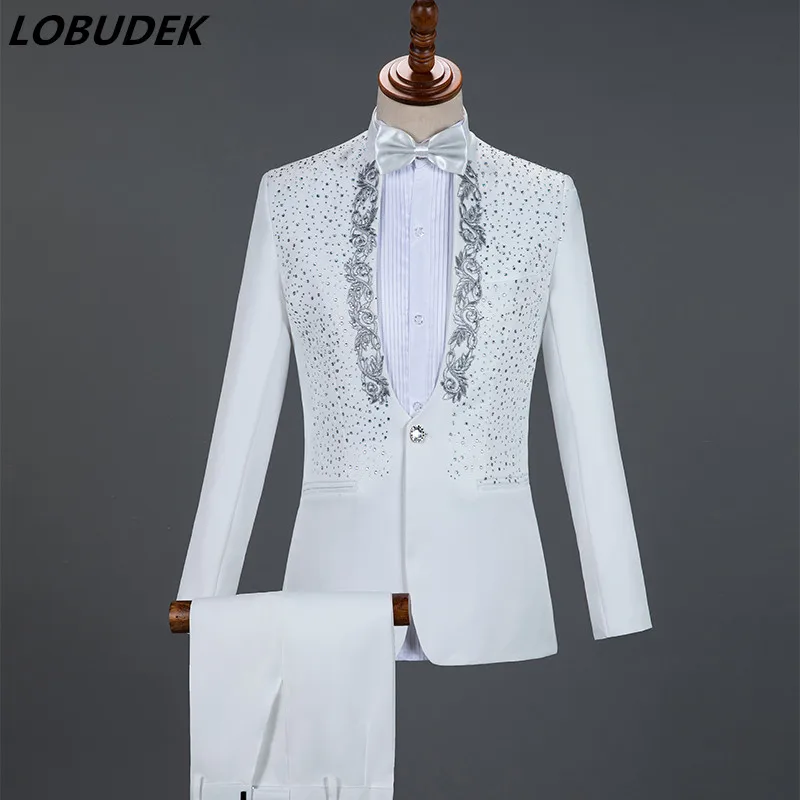 2 Piece Set Men Wedding Groom Suits Rhinestones Blazer Pants Suit Singer Host Concert Stage Outfits Wedding Party Banquet Tuxedo