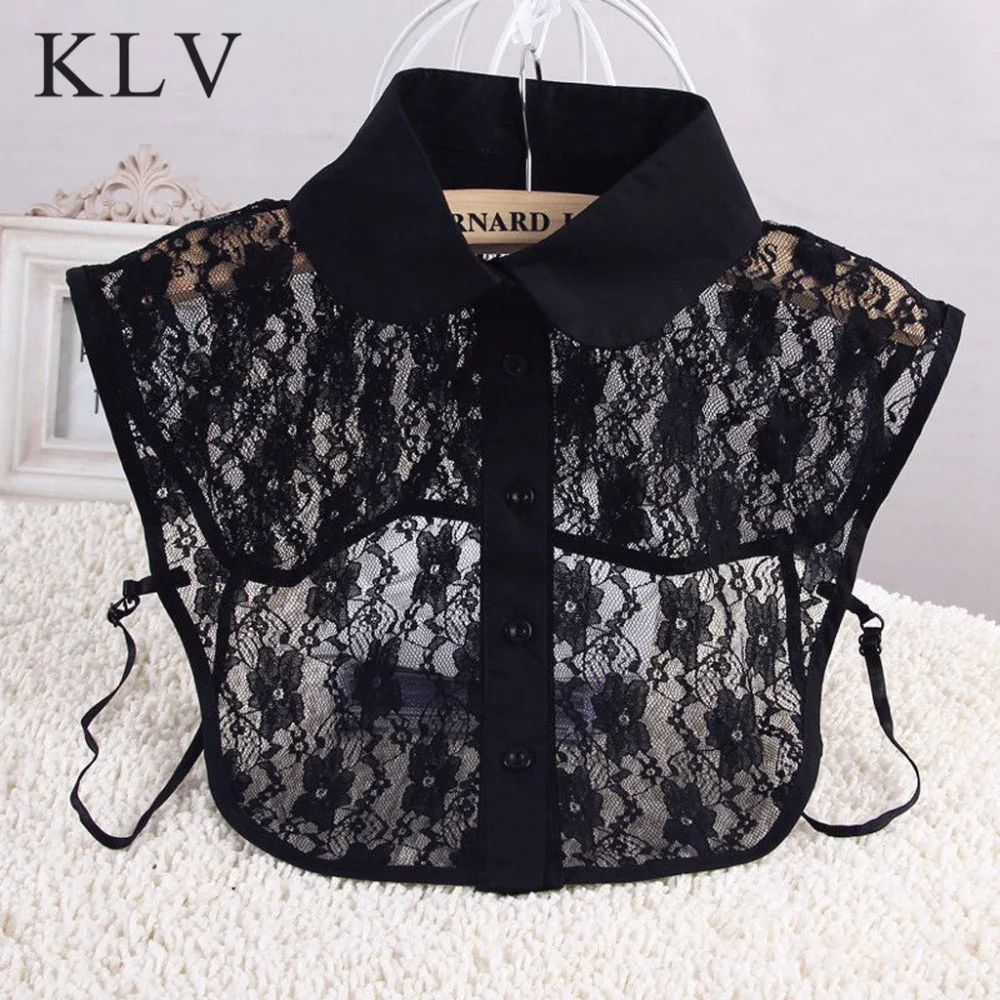 KLV Women Pure Color Lace Detachable Lapel Choker Necklace Shirt