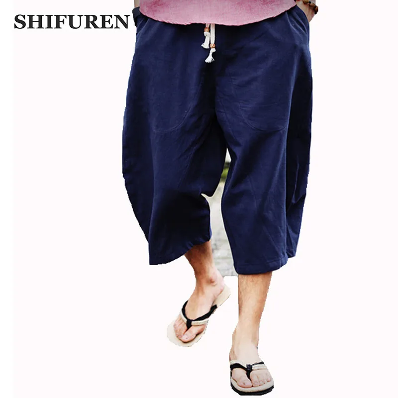 SHIFUREN Summer 2019 Loose Men Capri Pants Linen Cotton Harem Pants Wide Leg Comfortable Male Short Trousers Beachwear Plus Size