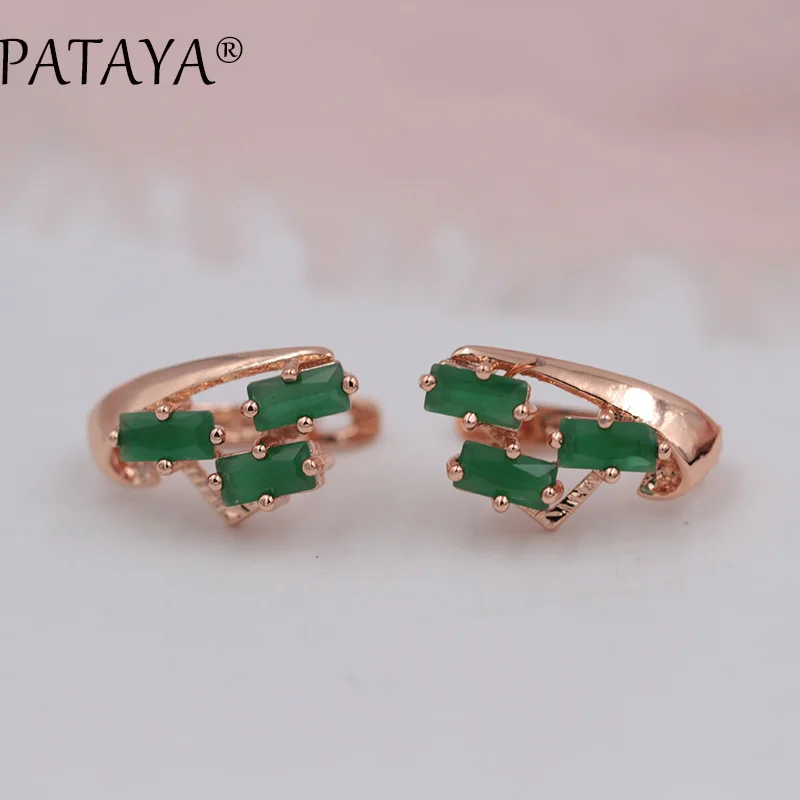 PATAYA Exclusive Multicolor 585 Rose Gold Color Earring Green Square Natural Cubic Zirconia Dangle Earrings Women Fine Jewelry