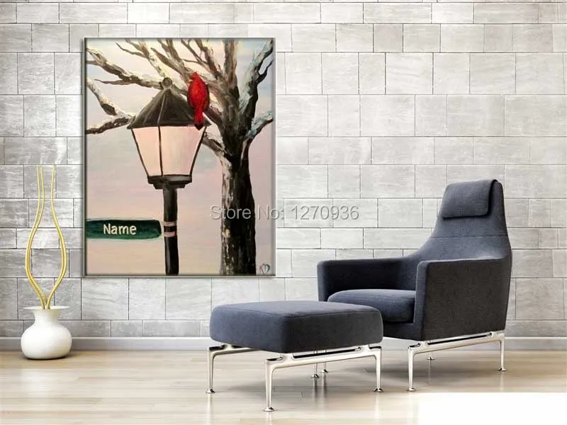 Hand Painted Red Bird on Branch Tree Street Landscape Wall Artwork Knife Oil Painting on Canvas Street Lamp Scenery Painting