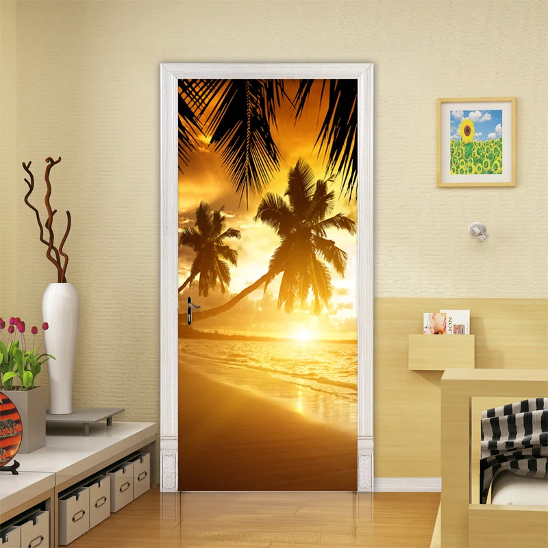 

3D Door Sticker Modern Beach Sunset Landscape Murals Wallpaper Living Room Bedroom Home Decor Wall Stickers PVC Waterproof Mural