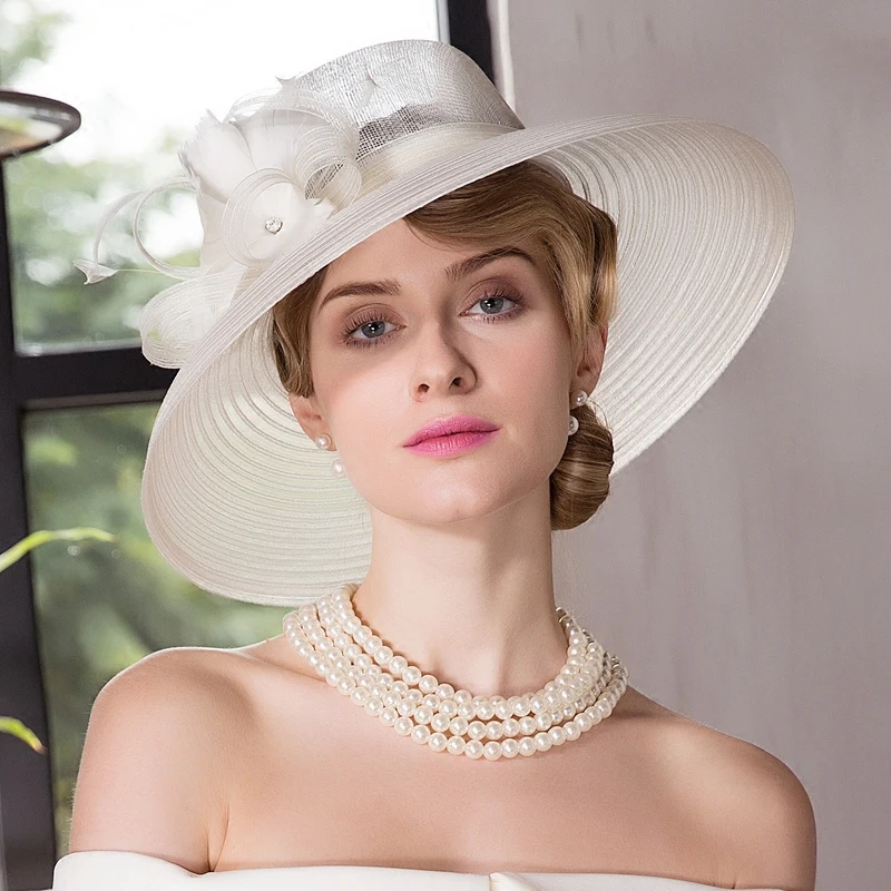 Women White Floral Cap Summer Large Wide Brim Linen Kentucky Derby Hats Women Church Cap Chapeau Mariage Dame Wedding Cap B-8156