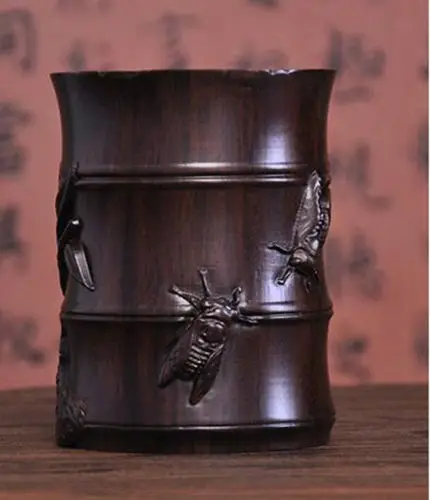 China Wood Carved Dynasty Palace Bamboo Brush Pot Pencil Vase Pen Containe home decoration Flowers insects statue Wooden crafts