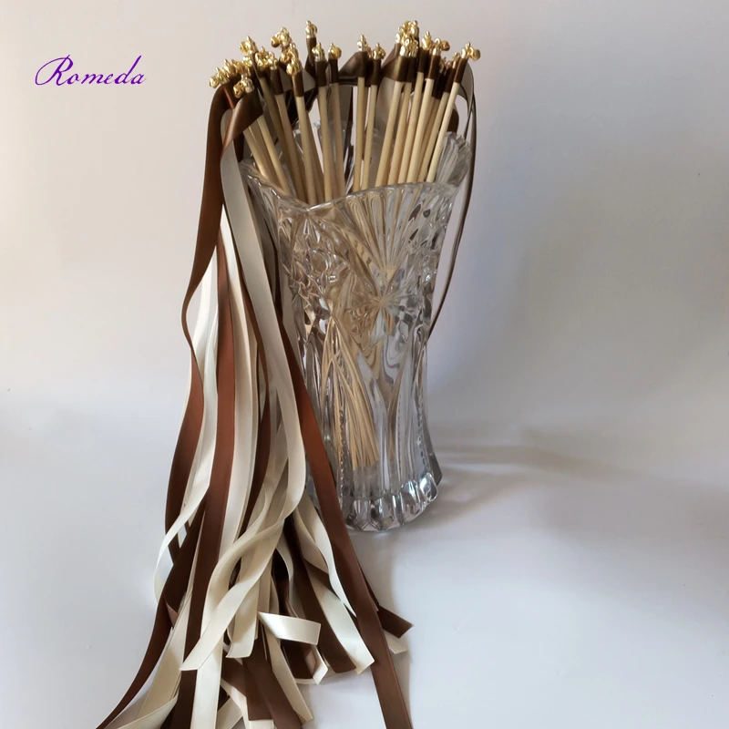 

Hot Selling 50pcs/lot brown & cream stain ribbon wedding stick wands With gold Bells for wedding party