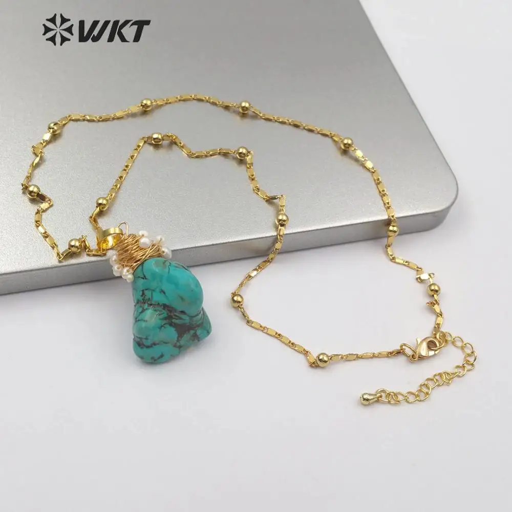 WT-N1153  Wholesale Natural Turquoises Necklace with Copper Wire Wrapped Pendant 24k Gold Plated Chain For Women Jewelry Gift