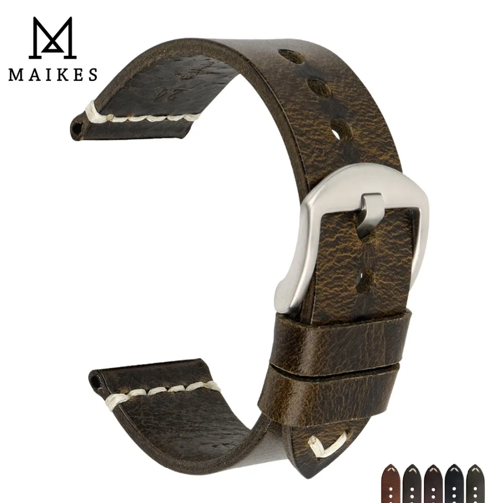 MAIKES Oil Wax Cow Leather Watch Band 20mm 22mm 24mm Watch Strap Men Watch Accessries Vintage Bracelet Watchband For Omega