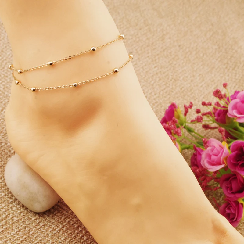 1 pc Fashion Simple Bead Double-layer Chain Ankle Bracelet Foot Chain Jewelry