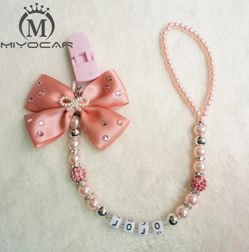 

MIYOCAR 2017 New Hand made Luxurious bow pink and sliver beads dummy clip holder pacifier clips holder/Teethers clip for baby