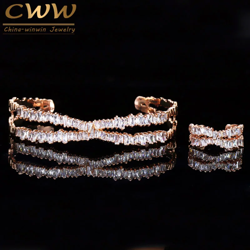 

CWWZircons Adjustable Size Rose Gold Color Bracelet Bangle Ring Set Trapezoid CZ Stone Fashion Brand Women Jewelry Sets T203