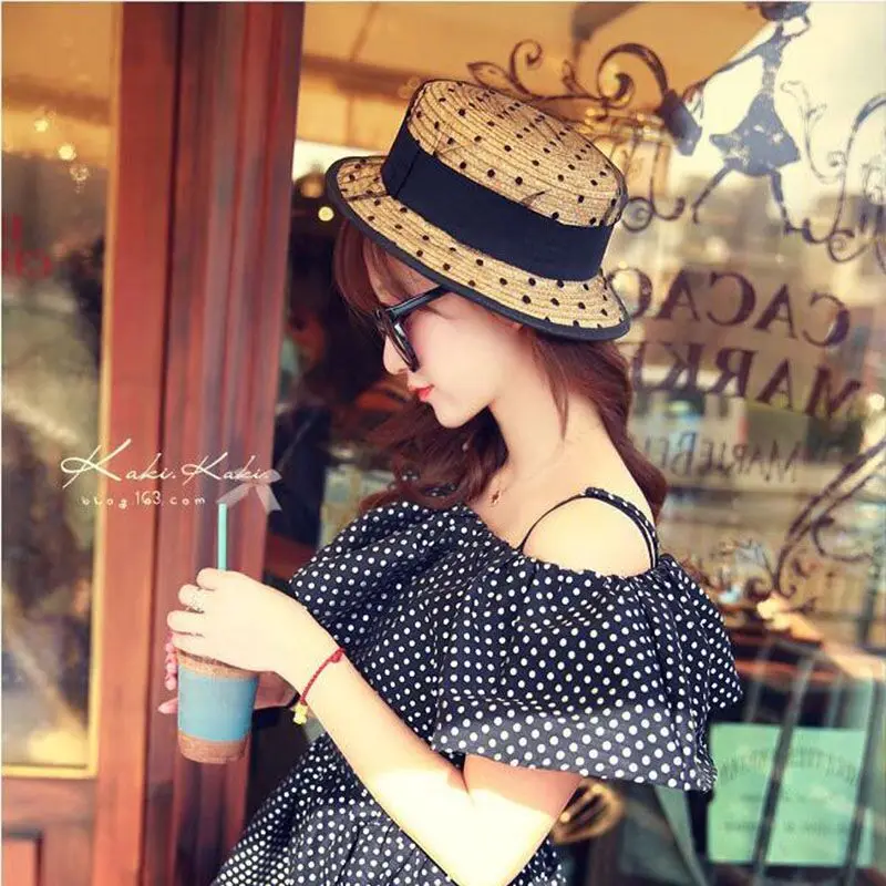 2019 Hot black lace sun hats bow hand made women straw cap beach big brim hat casual girl summer cap 55-58cm