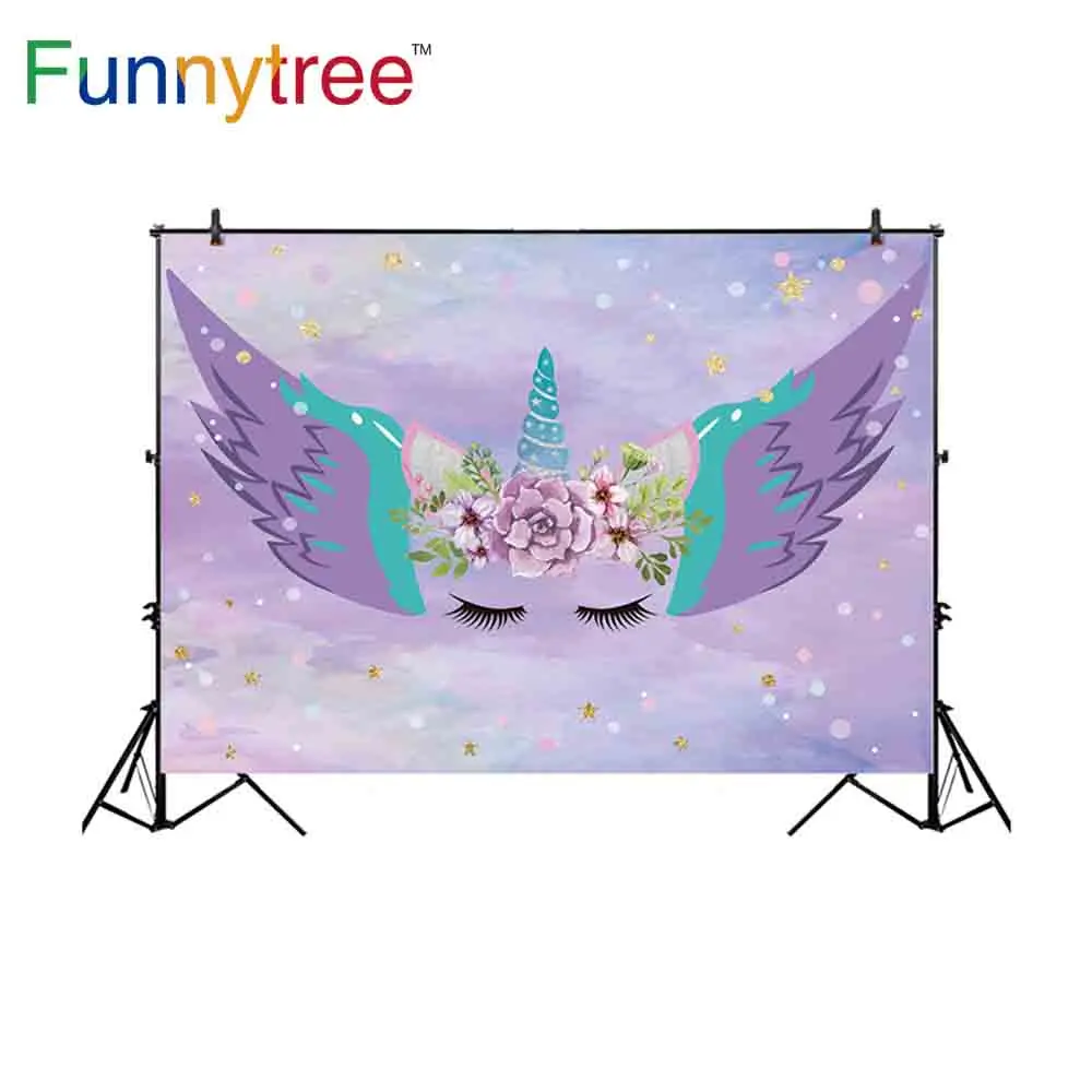 Funnytree photography backdrops unicorn party wing purple flower star polka dot children photocall background for photo sessions