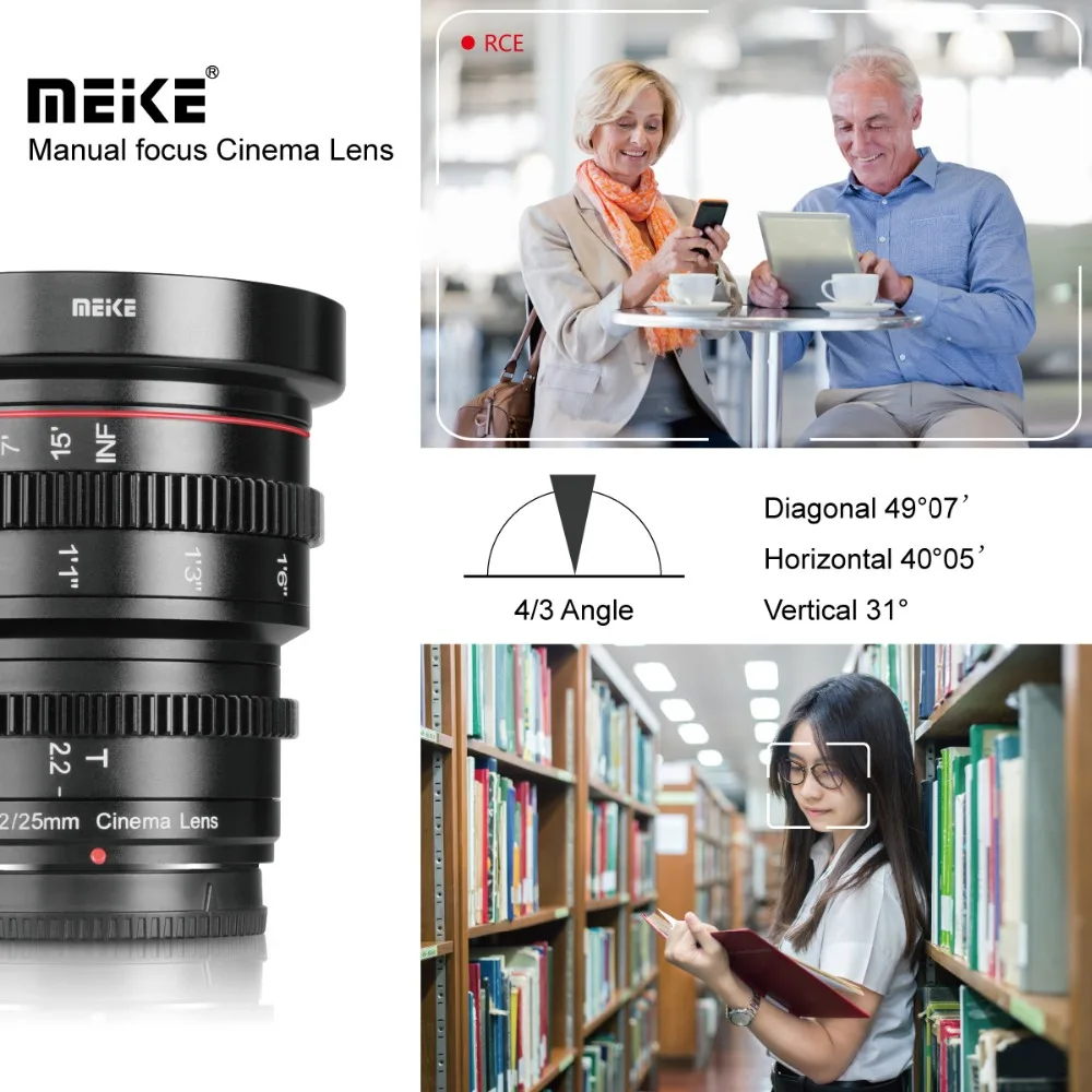 Meike 25mm T2.2 Large Aperture Manual Focus Prime Cine Lens for Olympus Panasonic M43 /Fujifilm X / Sony E/Canon RF cameras