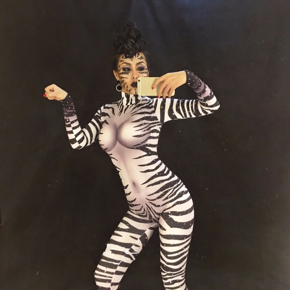Damski Nowy Seksowny Kombinezon w Paski Zebra z Elastyczną Gumką, Błyszczące Kryształki, Obcisłe Rampersy, Kostiumy na Występ, do Klubu Nocnego, dla Piosenkarki