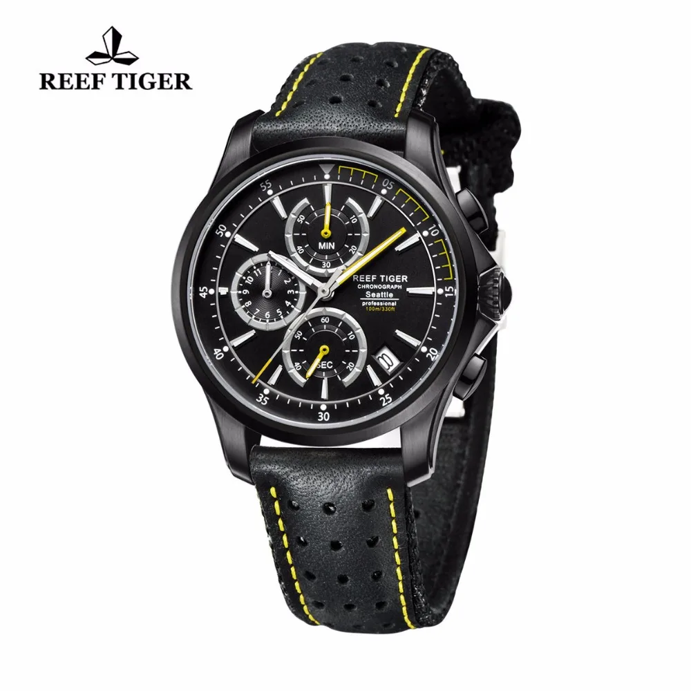 Reef Tiger/RT Mens Sport Quartz Watches with Chronograph and Date Black Steel Casual Stop Watch with Super Luminous RGA1663