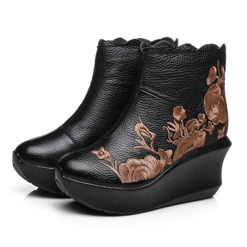 GKTINOO Embroider Handmade Boots For Women Genuine Leather Ankle Shoes Vintage Platform Women Shoes Round Toes Wedges Boots