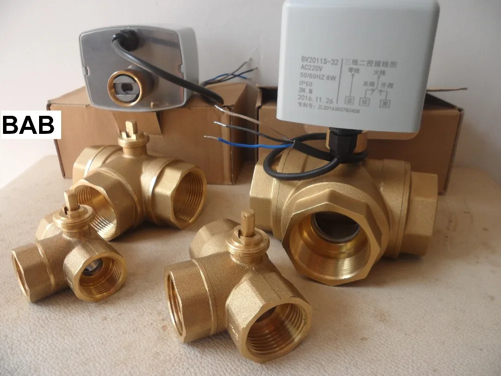 

AC220V DN15(G 1/2") to DN 32(G 1-1/4") 3 way/T-type 3 wires 2 control brass electric actuator motorized ball valve high quality