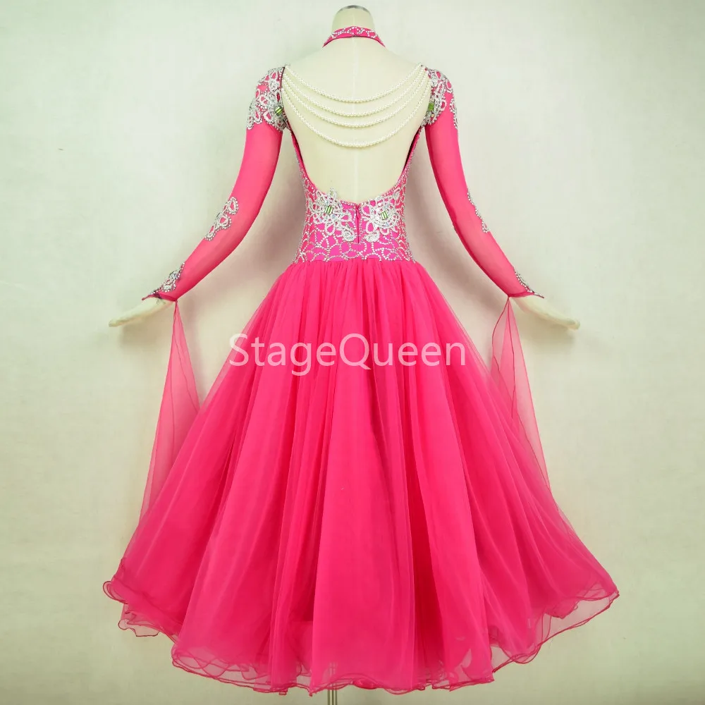 Rose Custom Rhinestones Standard Ballroom Dresses Girls Long Sleeve Dancing Costume Adult Waltz Ballroom Competition Dance Dress