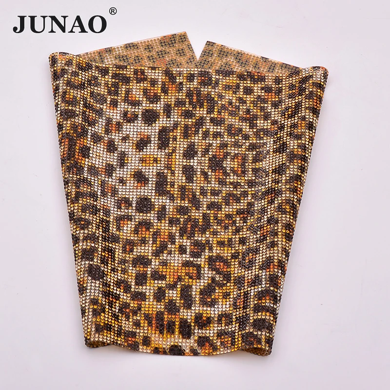 JUNAO 24*40cm Leopard samoprzylepne kryształki kryształowa siateczkowa tkanina Rhinestone tapicerka wstążka poprawka Strass aplikacje na wyroby