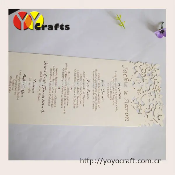 Wedding Decoration Laser Cut Wedding Menu Card with Free Charge Printing Service Laser Cut Paper Card