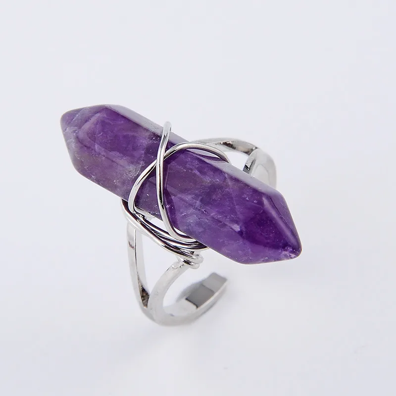 Reiki Natural Stone Finger Ring Prism Point Chakra Silver Plated Wire Wrapped Lapis Lazuli Black Obsidian Party Ring Jewelry