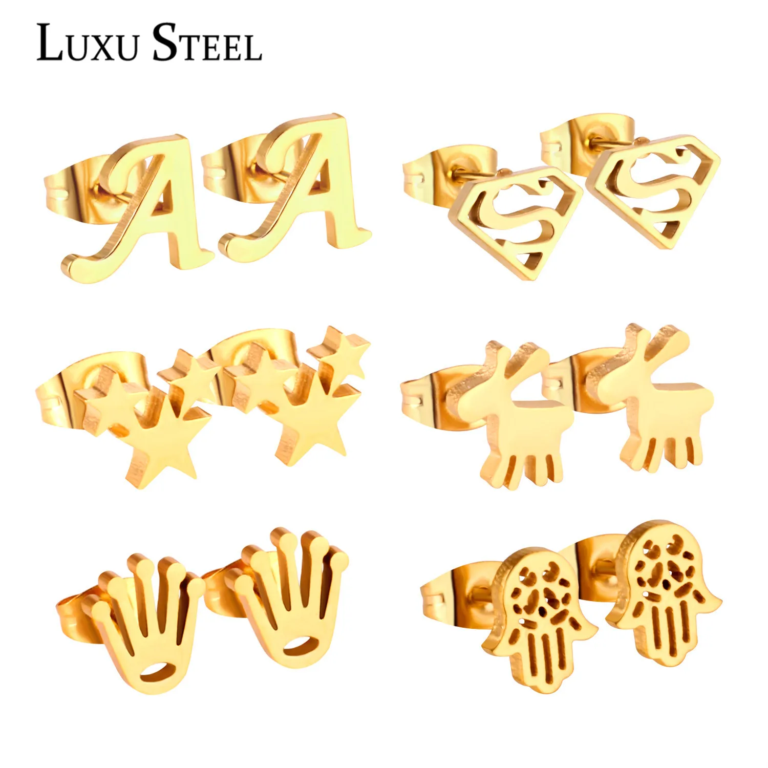 LUXUSTEEL Earring Sets 6 Pairs Golden Color Letter/Star/Hand/Animals Shape Stud Earring Sets For Women/Girl Wholesale Female