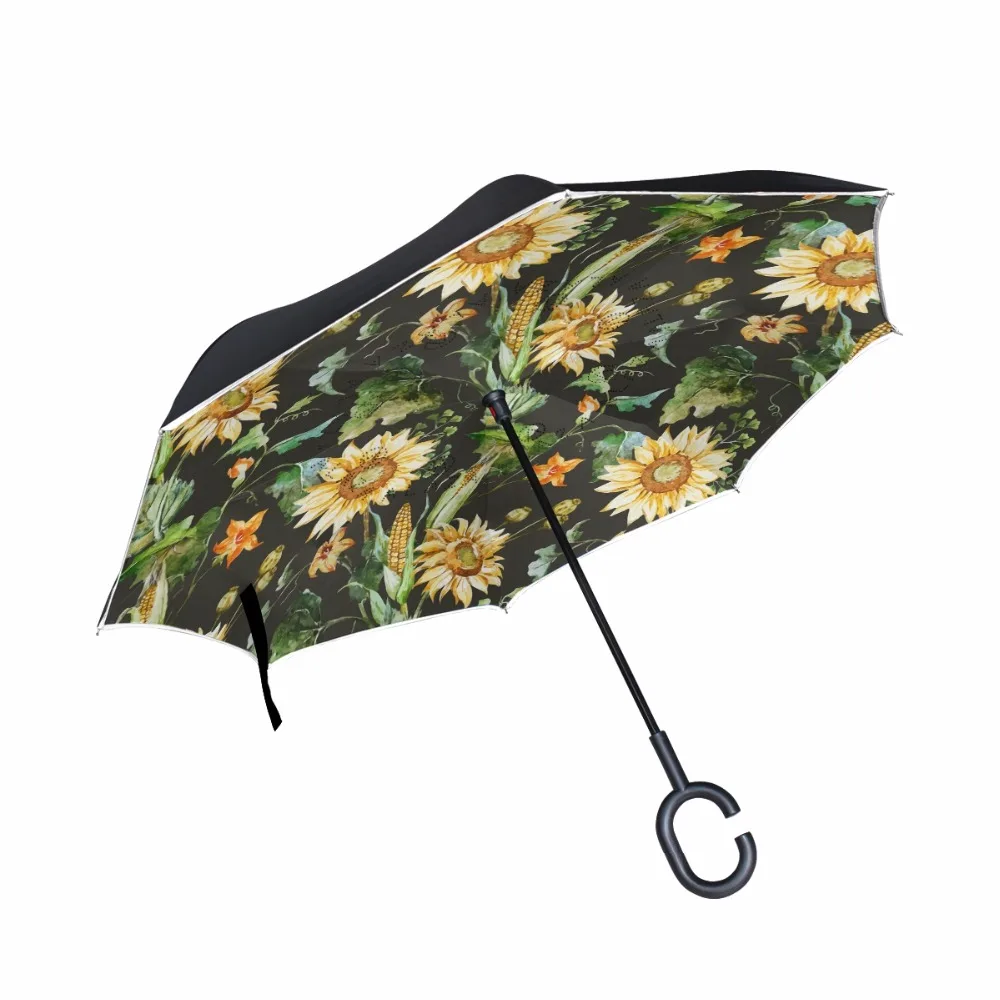 Oil Painting Sunflower Printed Reverse Umbrella Windproof Rainproof Women Umbrellas Three Folding Double Layer Inverted Umbrella