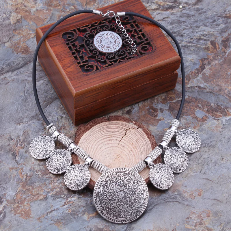 Statement Ethnic Vintage Tibetan Silver Color Necklaces Coin Carved Flowers Round Tassels Pendants Necklaces For Women