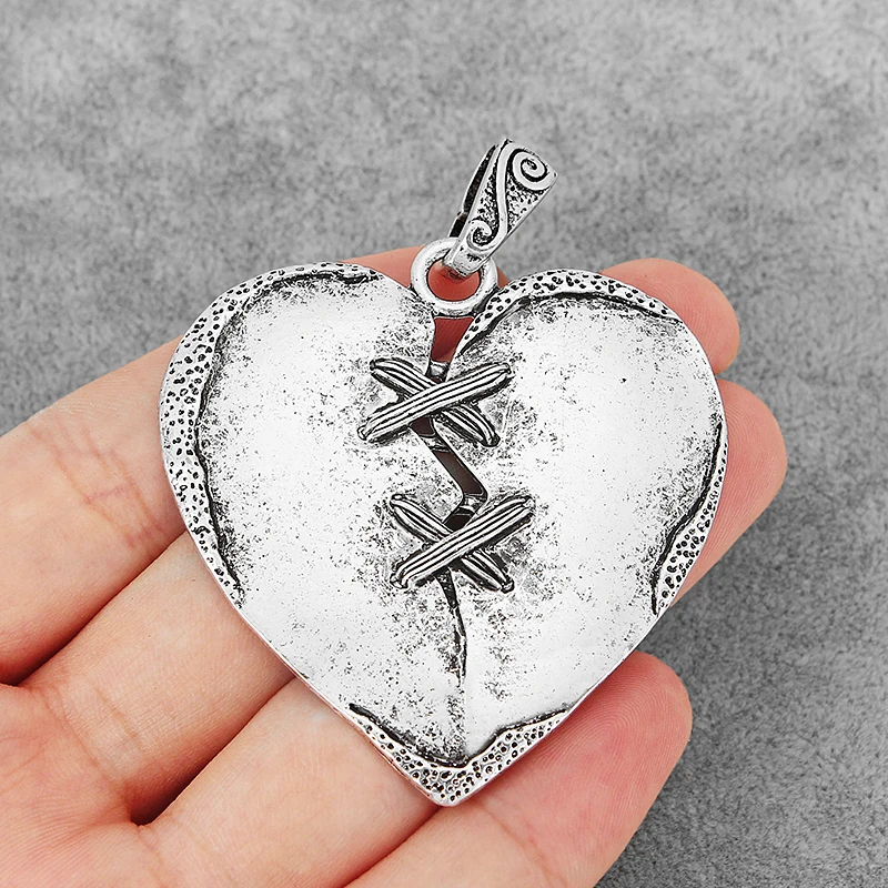 2PCS Tibetan Silver Large Heart Shape Charms Pendants for Necklace Making Jewelry Findings 57x55mm
