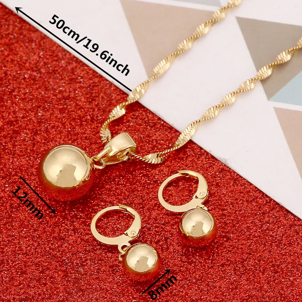 Gold Color Plain Bead Jewelry Round Pendant Chain Necklace Ball Earrings Pendant Women Jewelry Set Gift