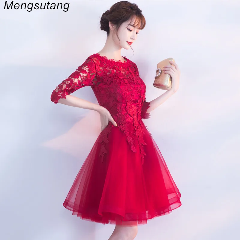 Robe de Soiree ไวน์สีแดงลูกไม้ O-Neck ครึ่งแขน Tulle ชุดราตรี A-Line vestido de Festa ชุดพรหมวันเกิด PARTY ชุด