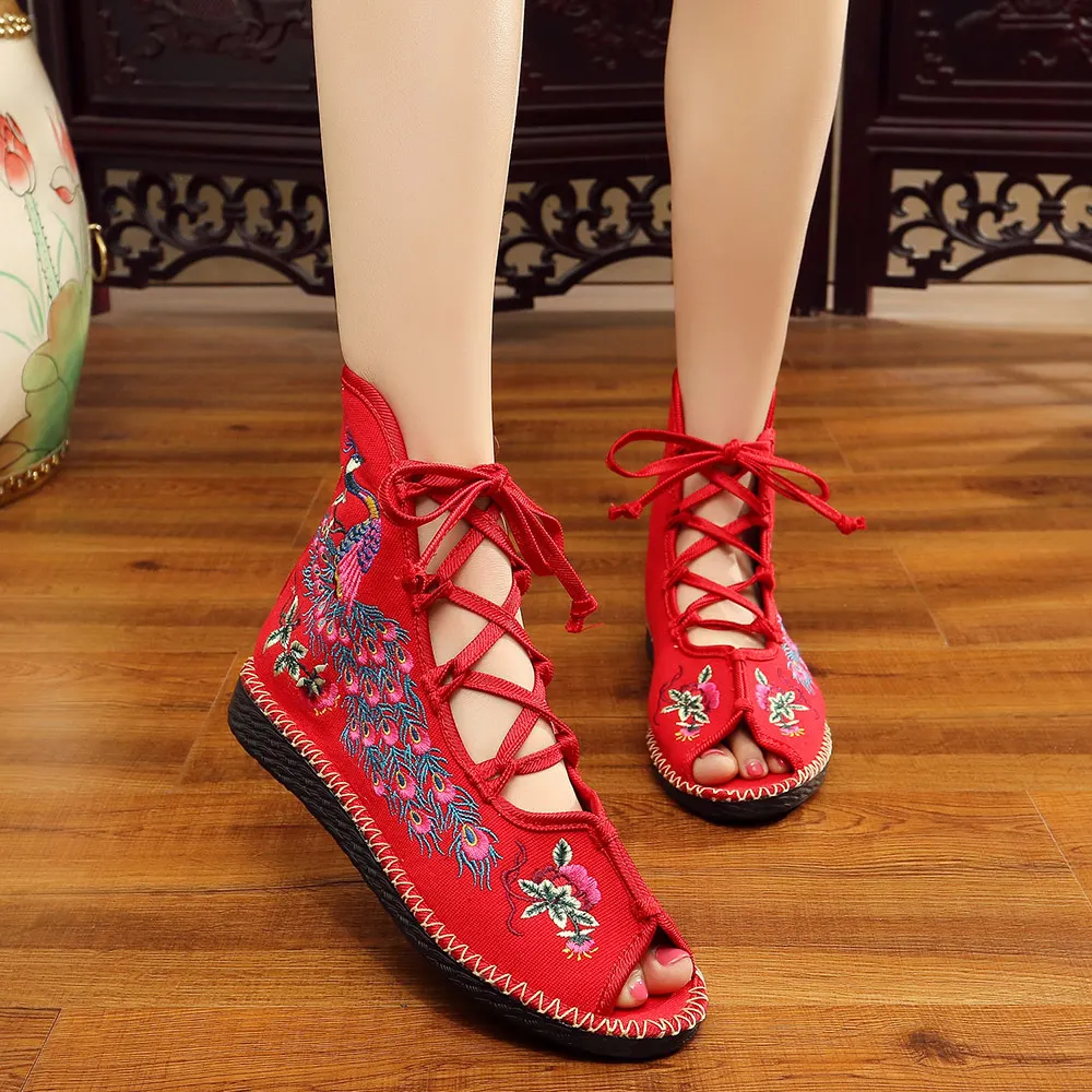 Veowalk Peacock Embroidered Women Peep Toe Gladiator Canvas Sandals Chinese Handmade Lace Up Ladies Summer Fabric Flat Shoes