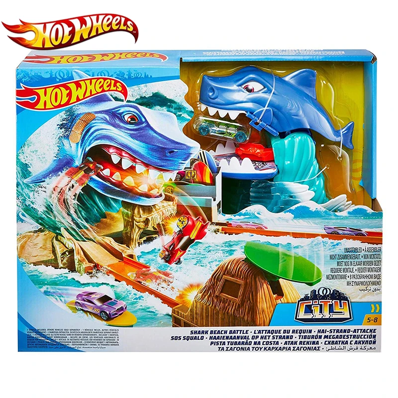 Hot Wheels originali Shark City Beach gioca Battle Track Set accessori per auto Hotwheels Metal Rail Car giocattoli per bambini Oyuncak Araba regali