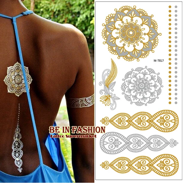 4pcs/lot Temporary Tattoo Sticker Fake Gold and silver Tatoo sheets Flash Henna Tatouage Metallic Tatto Aramex Tatuajes Dorados