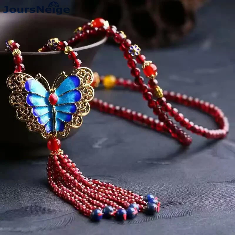 Wholesale Natural Garnet Stone Necklace Roasted Blue butterfly Pendant Lucky for Women Girl Sweater Chain Necklace Jewelry