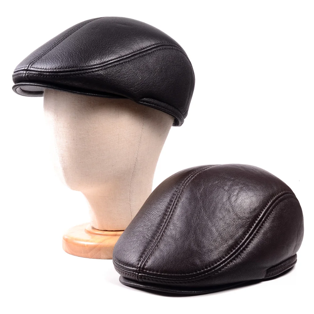 

Men's Winter Warm Real Leather Sheep Earmuff Peaked Cap Skin beret Golf Newsboy Hats/caps