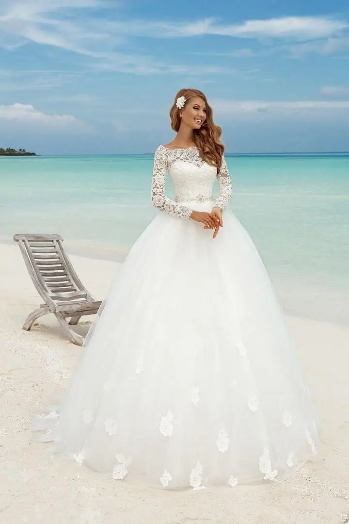 Lindo manga cheia vestidos de casamento praia longo barco pescoço vestido de baile capela trem tule rendas vestidos de noiva robe de mariage