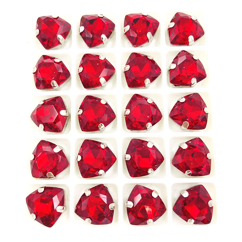 Free shipping 12mm Fat Triangle Red High quality Glass Crystal sew on rhinestones sliver base flatback with hole diy accessories