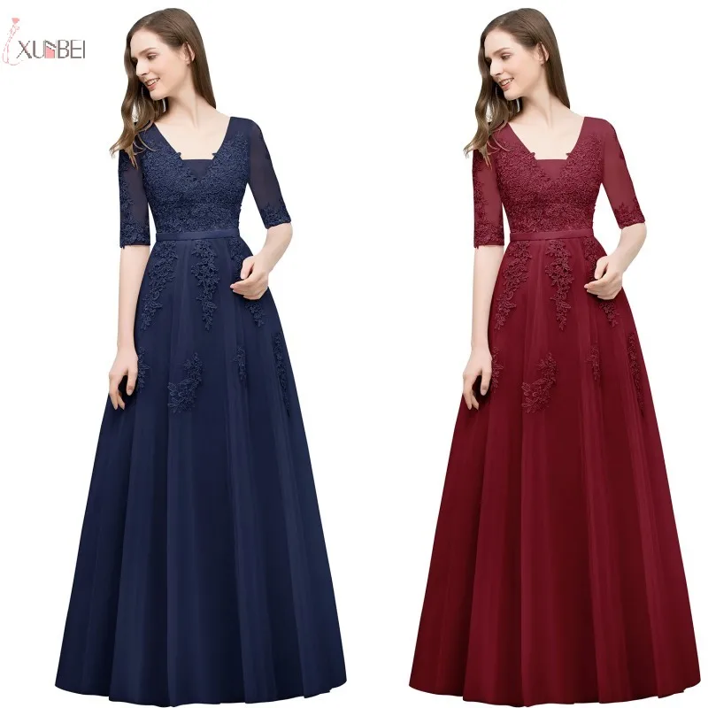 2019 Sexy Elegante Burgund Lange Brautjungfer Kleider EINE linie Tüll Halbe Hülse Hochzeit Party Gast Kleid robe demoiselle d'honneur