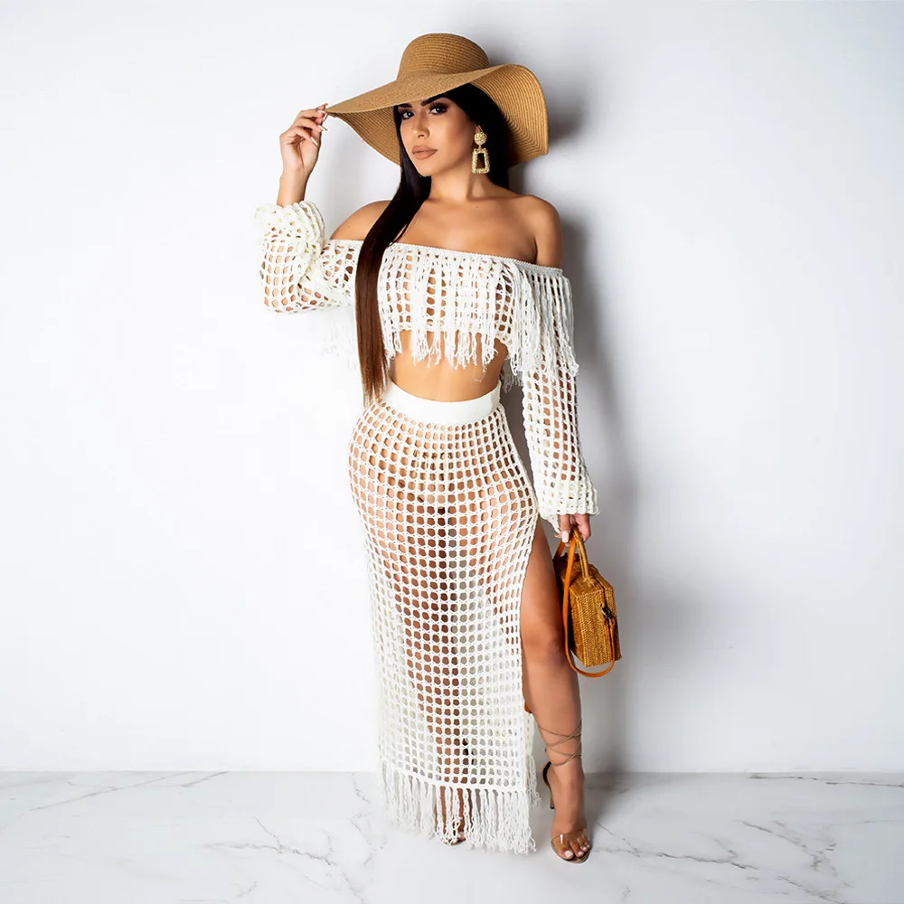 2020 Bohemian Fringed Knitted Summer Beach Dress Crochet Tunic Women Beachwear Sexy Off Shoulder Long Sleeve Split Dress