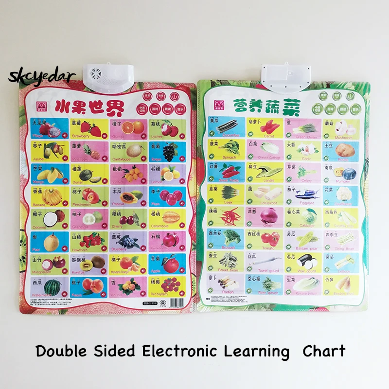 

Electronic Learning Bilingual Chart Vegetables & Fruits (Double Sided) English&Chinese Early Education Wall Poster 16.5x22In