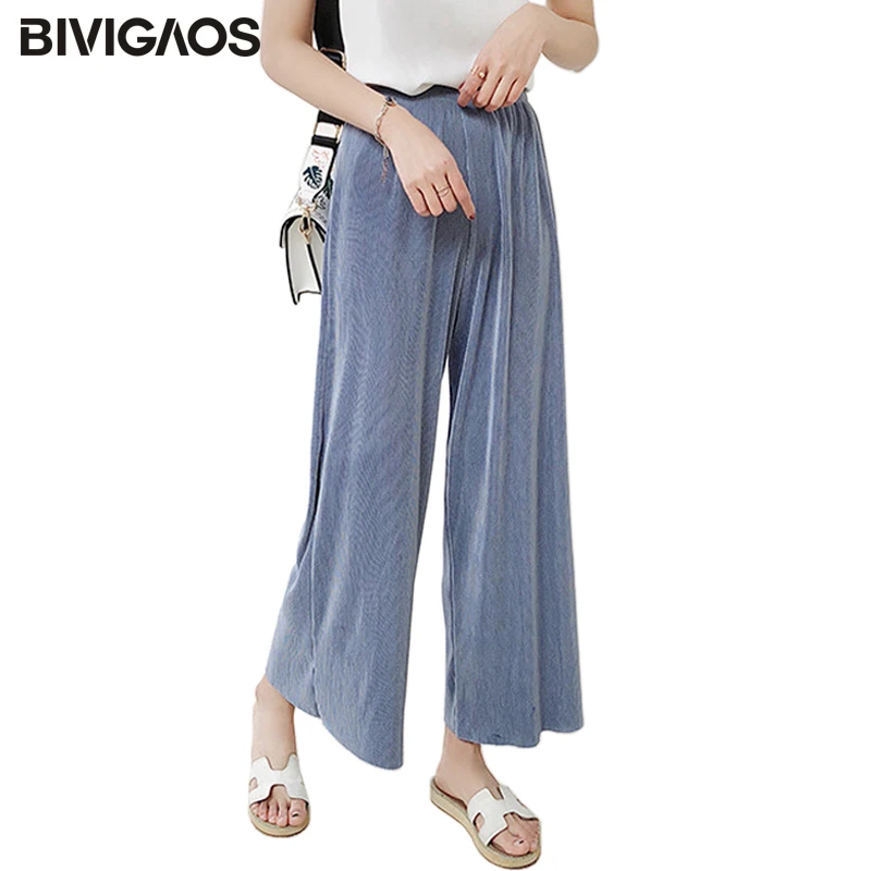 BIVIGAOS 2018 Womens Summer Pleated High Waist Wide Leg Pants Chiffon Casual Loose Pants Cropped Trousers Women Culottes Pants