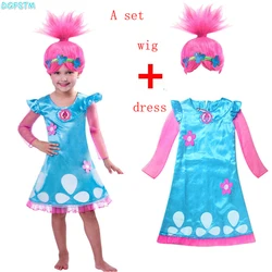 Retail Troll Wig +dress set Children Costumes For Girls Carnival Kids Costumes Dress Trolls Clothes Poppy Party vestido de festa