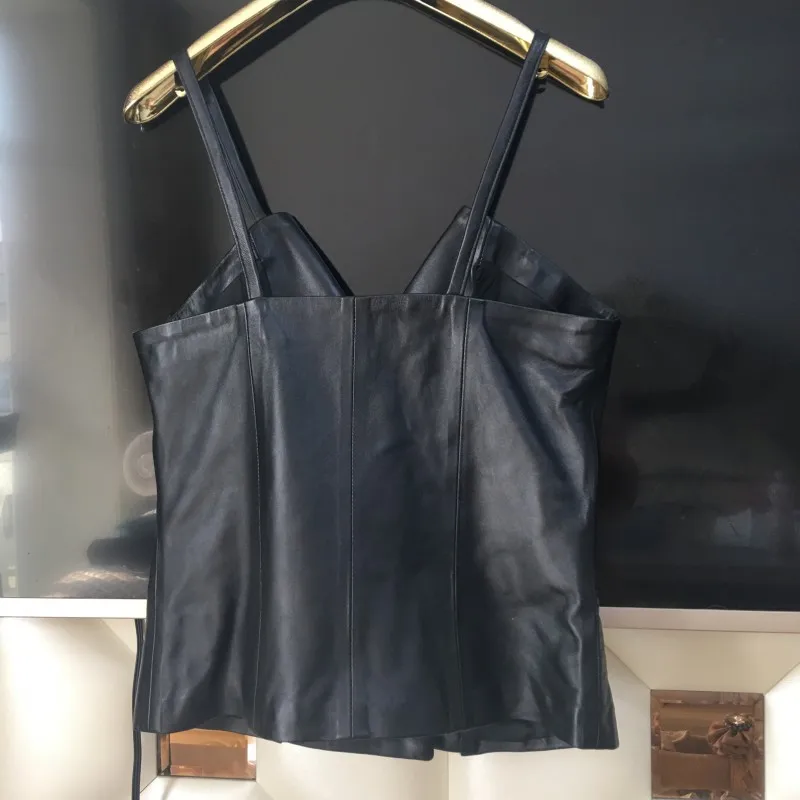 Genuine Leather Vest Black Female Sleeveless Short Sexy Leather Waistcoat Clothing Korean Style Streetwear Sheepskin Vests Soft